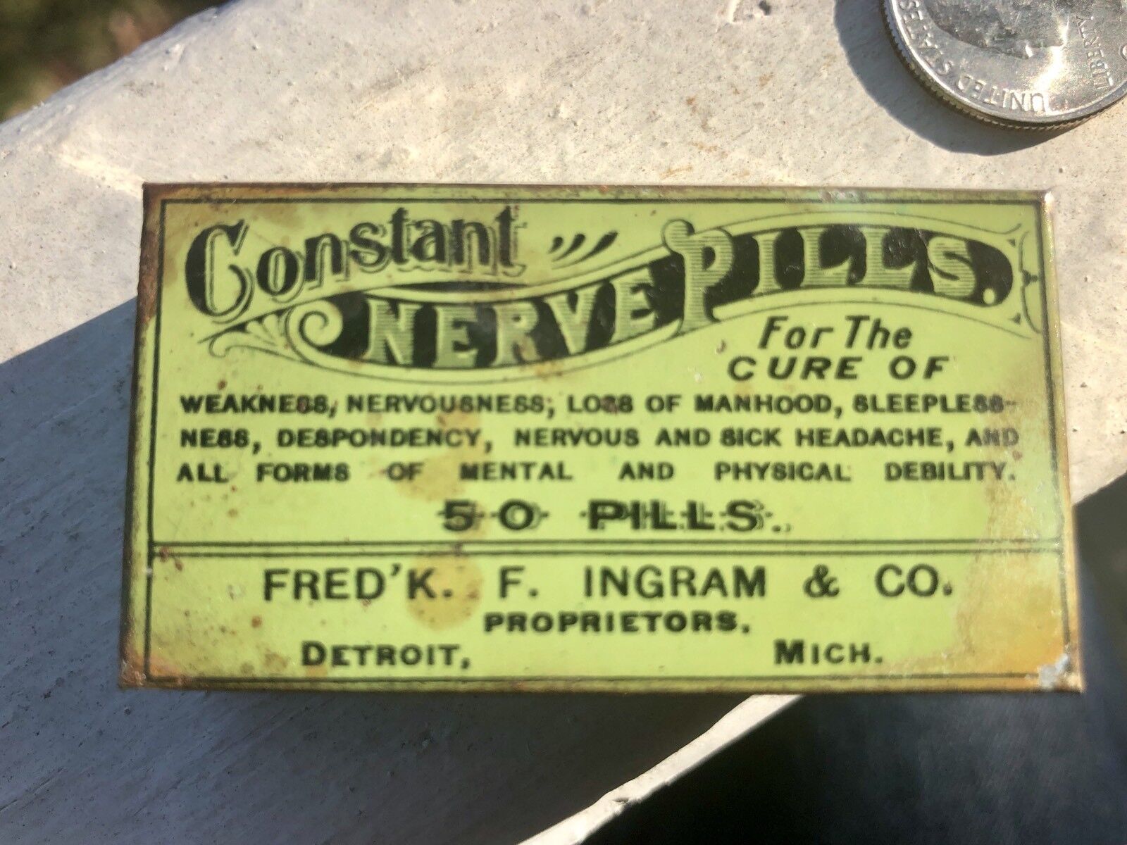1906 “ Constant Nerve Pills “Adv.Tin For Loss Of Manhood Etc.etc.Etc