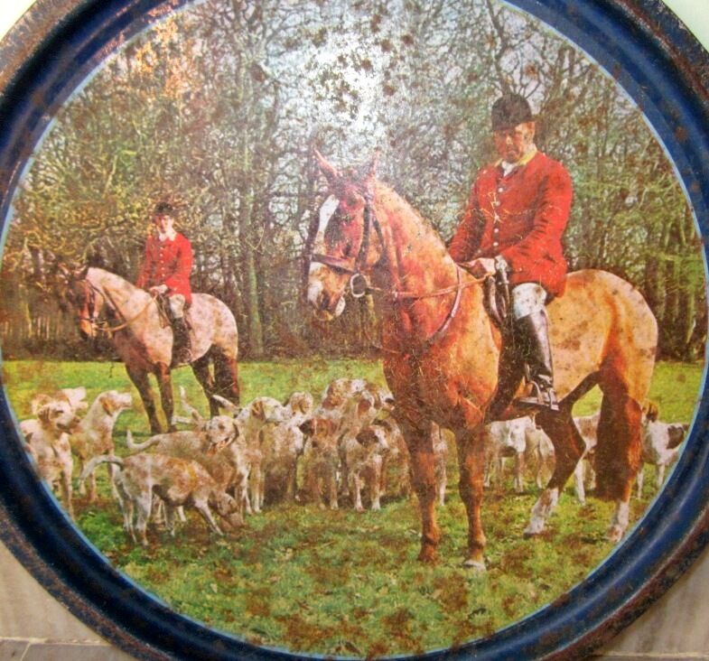 Vintage Tin Serving Plate Tray Print Litho Horse Riding With Dog English Print