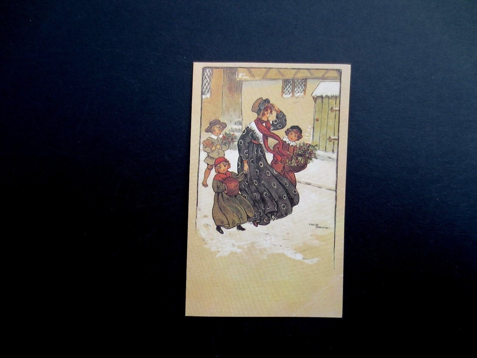 Vintage Unused Xmas Greeting Card Victorian Mother & Children Walking Together