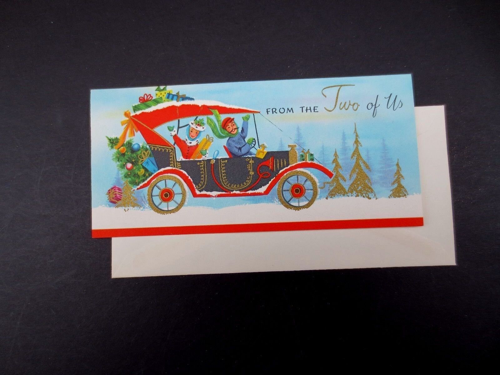 Vintage Unused Xmas Greeting Card Old Fashioned Car With Gifts & Holiday Tree