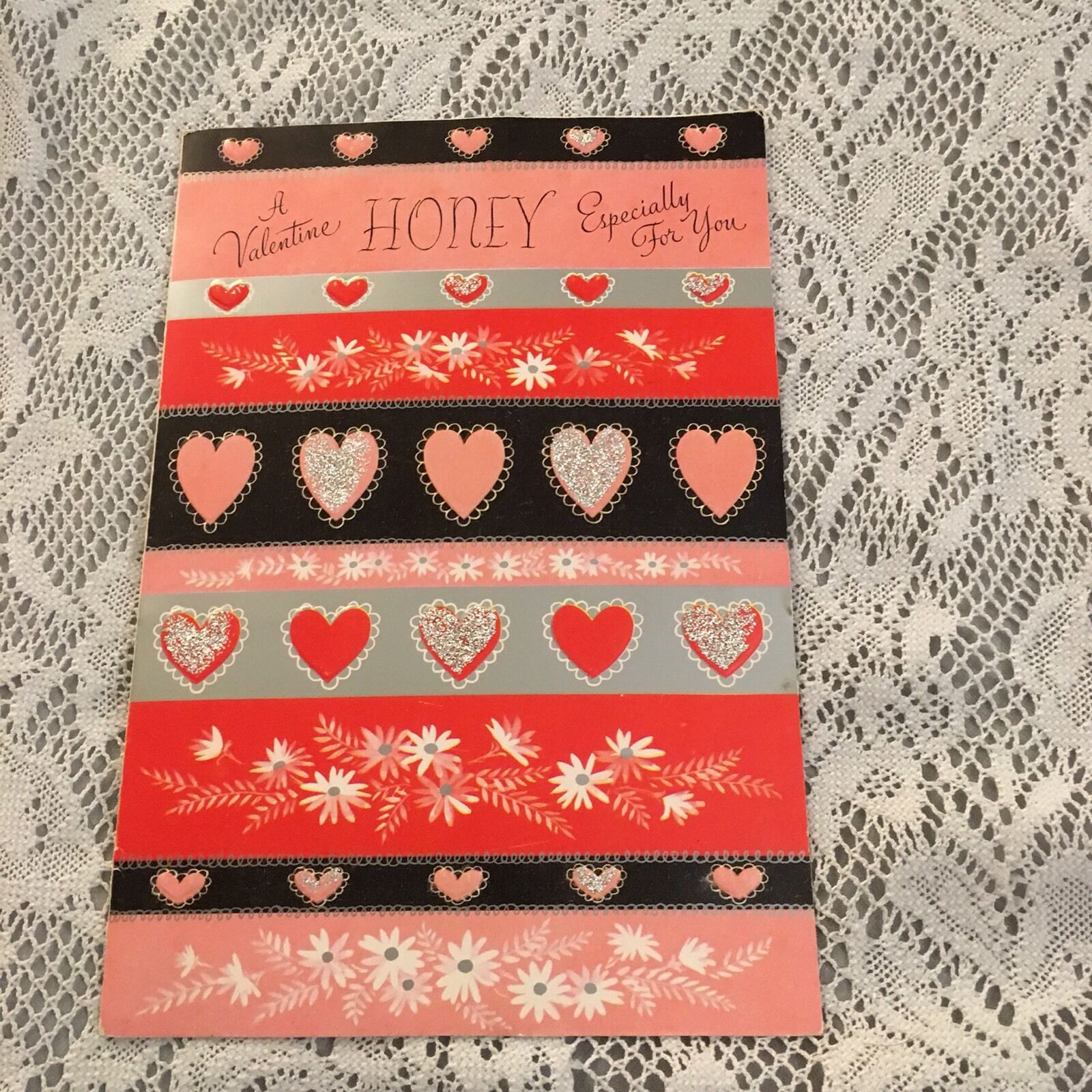 Vintage Greeting Card Valentine Rust Craft Hearts Black Stripes