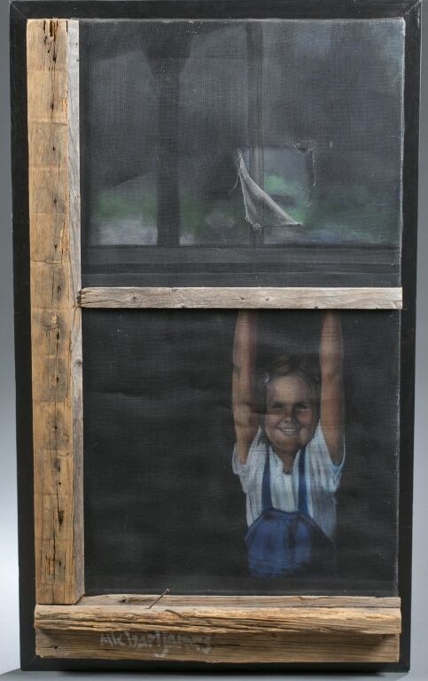Michael James, Mixed-media of girl in a window. Lot 329
