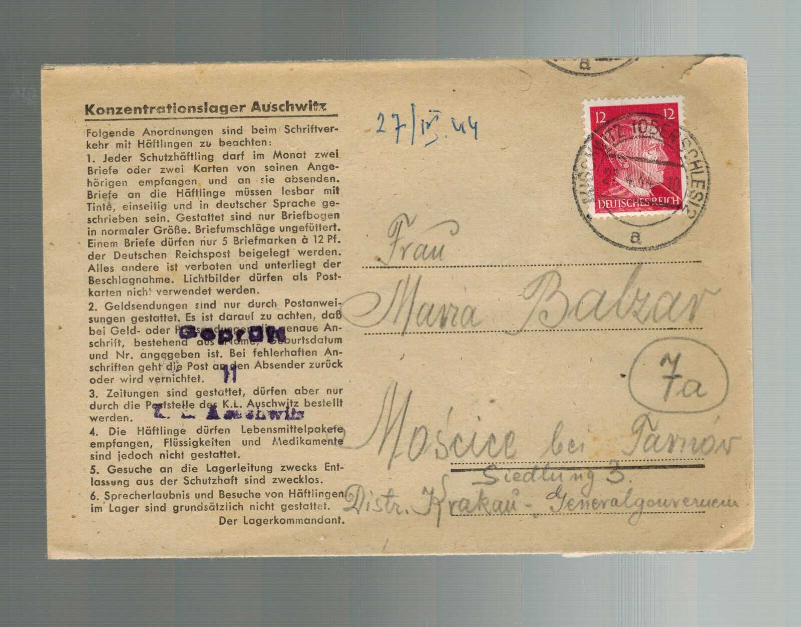 1944 Germany Auschwitz Concentration Camp Cover KZ Franz Balzar to Tarnow Poland