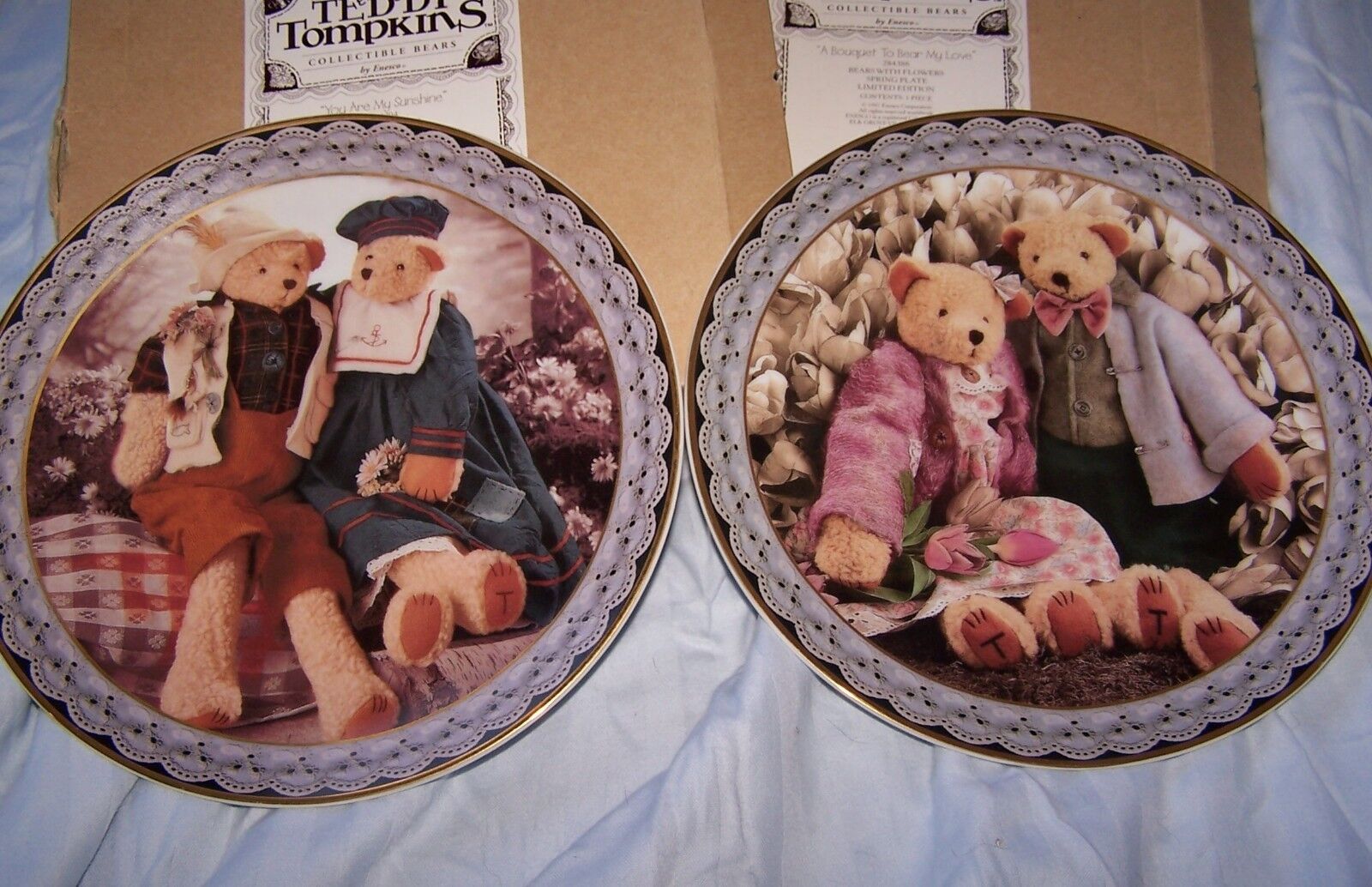 1997 Set of 2 Teddy Tompkins Collectible Bears Spring Summer Bouquet Sun Enesco