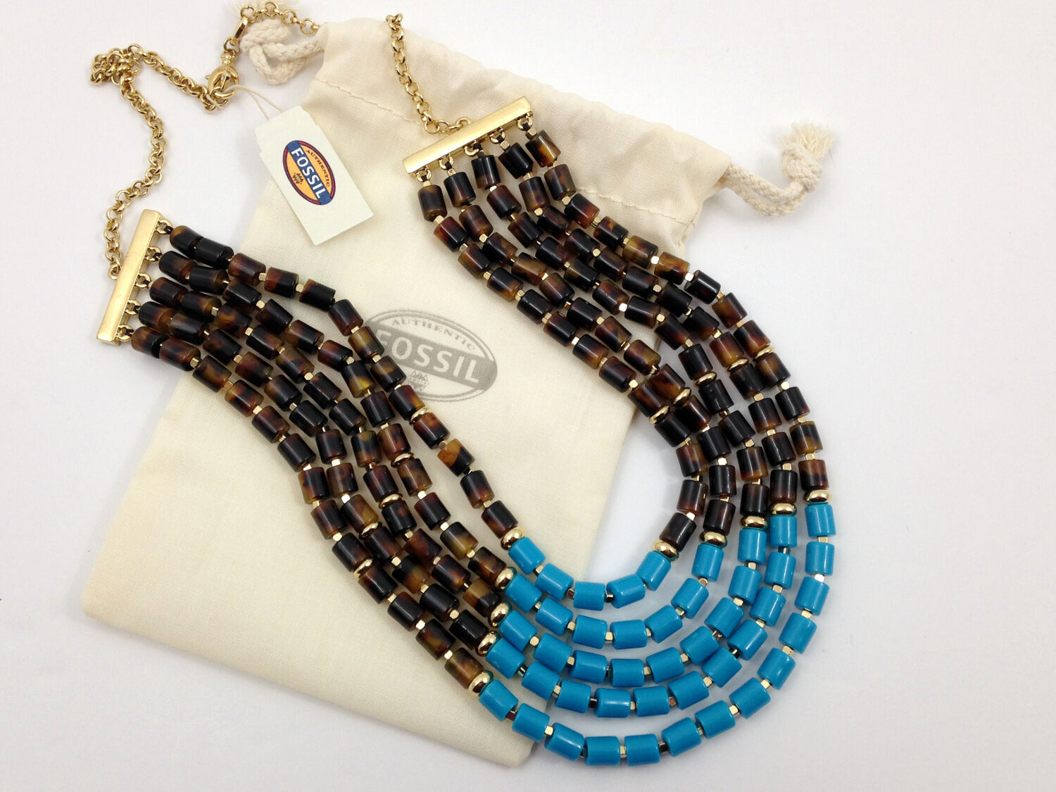  NWT Fossil Gold Tone 5 Strand Necklace Tortoise Turquoise Blue Beads 