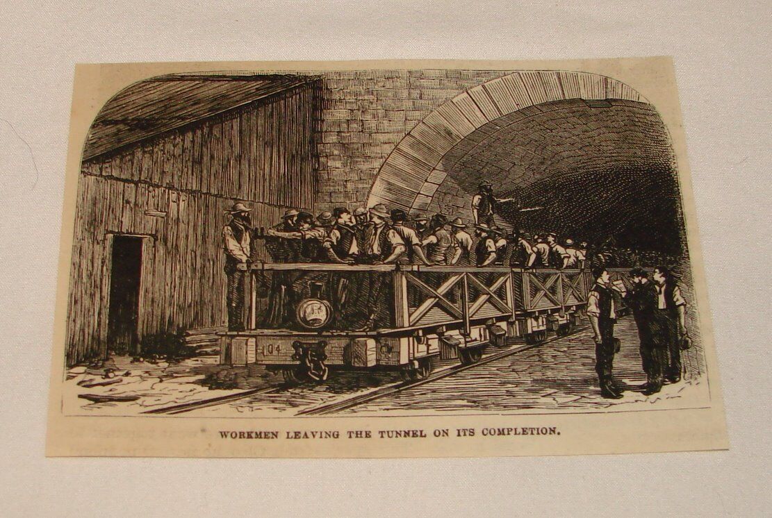 1880 magazine engraving ~ WORKMEN LEAVING THE TUNNEL, Italy