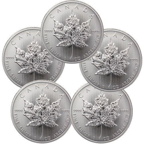 Lot of 5 - 2013 Canada 1 Troy Oz .9999 Silver Maple Leaf $5 Coins SKU28849