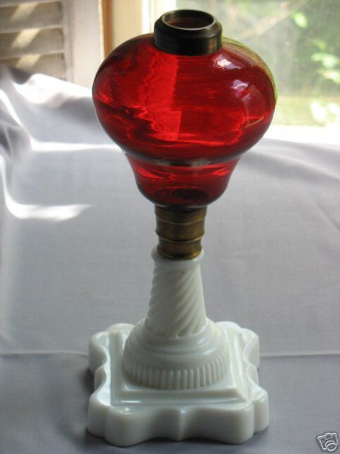 KEROSENE OIL LAMP RUBY RED PEAR FONT SANDWICH BAROQUE PATTERN BASE CA1870\'s