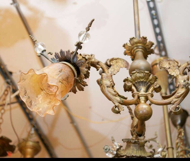 19C Victorian Gothic Cast Brass Hand-Crafted Glass Original Chandelier 