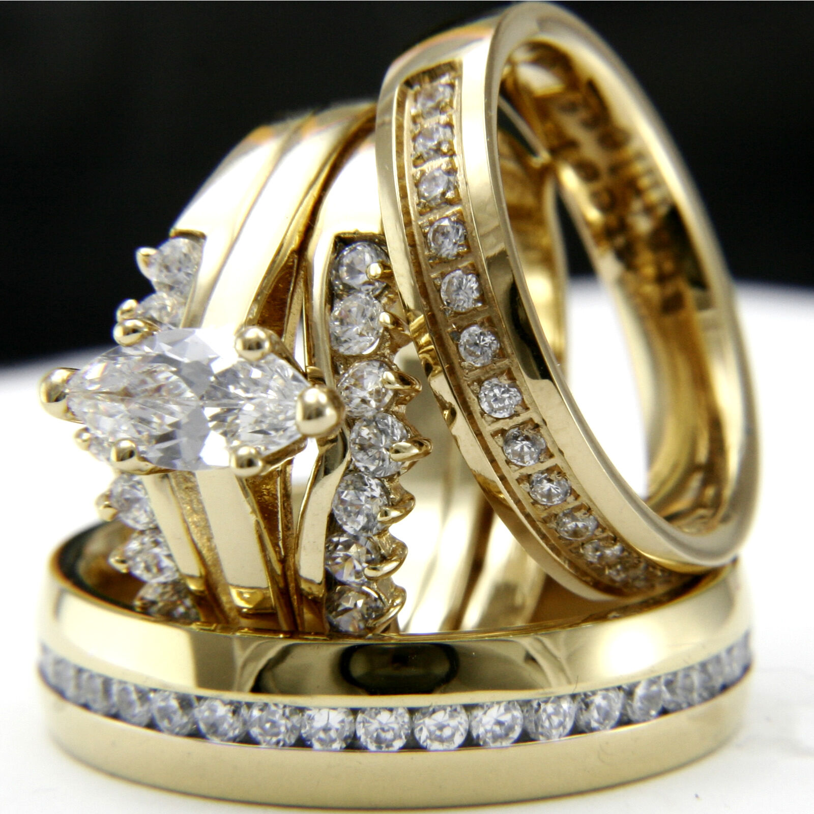 4pcs gold plated 0.9 ct CZ engagement wedding woman\'s & bridal man\'s ring set