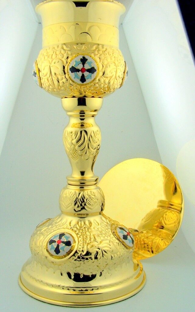 Big Gold Gild Catholic Church Orthodox Chapel Chalice Goblet Cup & Paten Set
