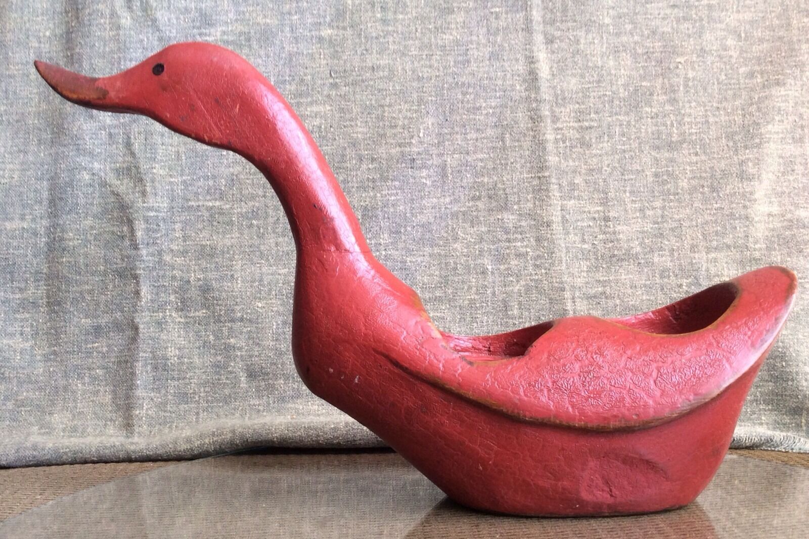 Duck Candle Holder Beautiful Vintage Red Lacquer Teak Wood Decoy Style Carving