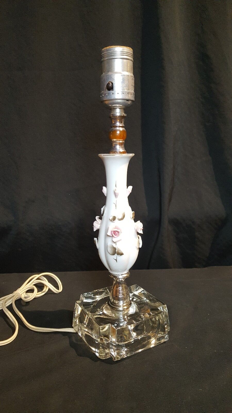 Vintage Porcelain Hand Painted Rosebud and Leaf Crystal Base Table Lamp