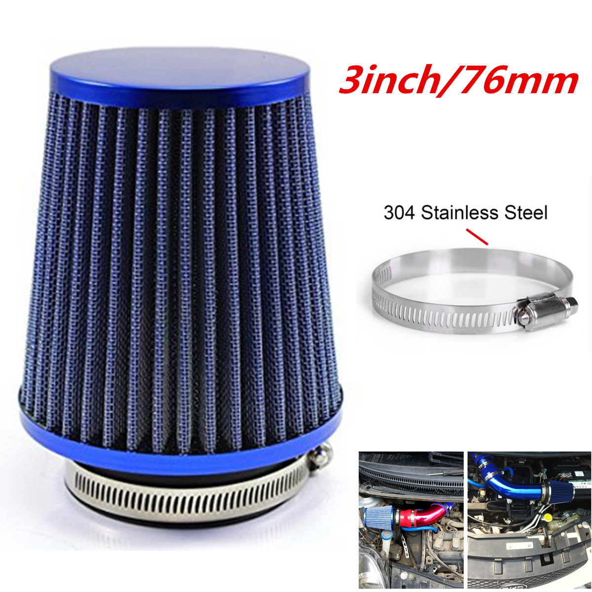 3 inch 76mm Air Filter Clean Intake For Car High Flow Short RAM/COLD Round Cone