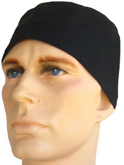 BLACK SURGICAL SCRUB HAT CAP WITH BUILT IN SWEATBAND TIES IN BACK