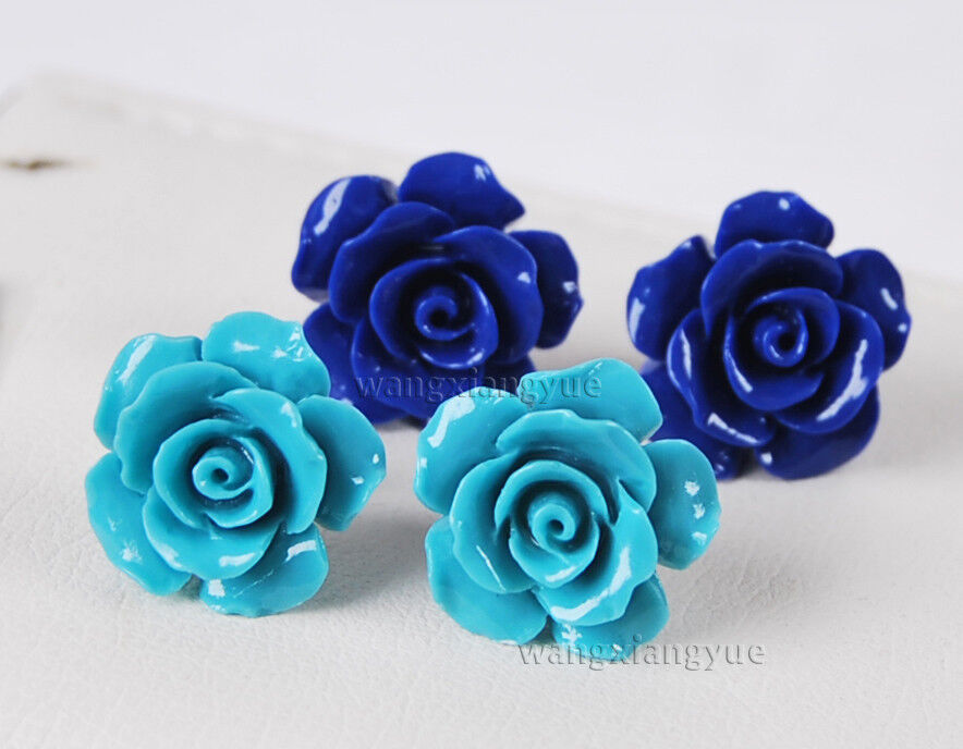 2pairs 2Color 15mm Blue Coral Hand Carved Flower Earrings Silver Stud AAA Grade