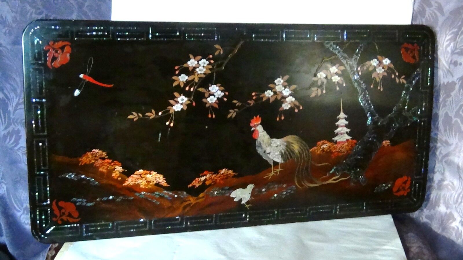 ANTIQUE 19c CHINESE WOOD MOP INLAID&PAINTED ROOSTER WALL PANEL 