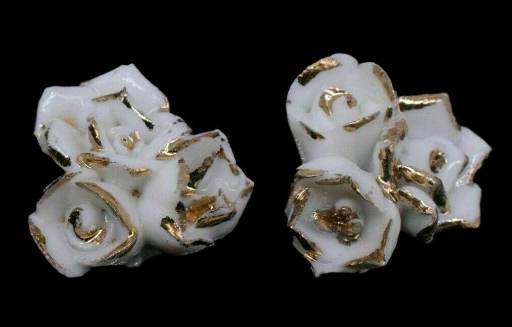 10 Ceramic White & Gold Rose Flowers Flat Back Cabochons Findings 18 mm Vintage