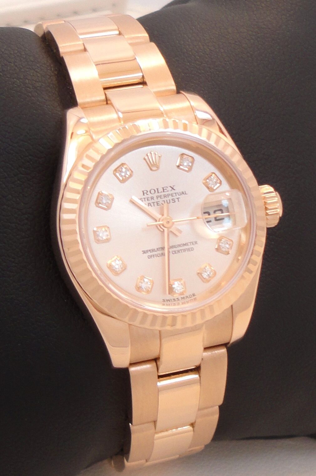 ROLEX PRESIDENT 18K ROSE GOLD FACTORY DIAMOND DIAL LADIES BOX & PAPERS 179175 