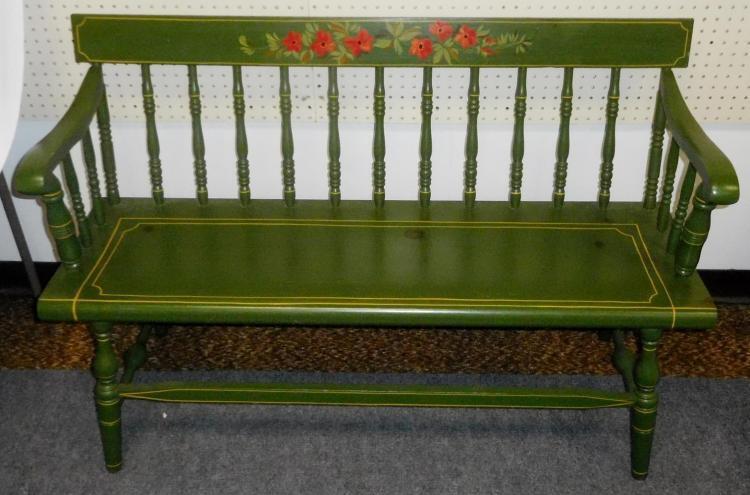 Vintage Hand Painted Green and Floral Design Wood Bench Lot 139