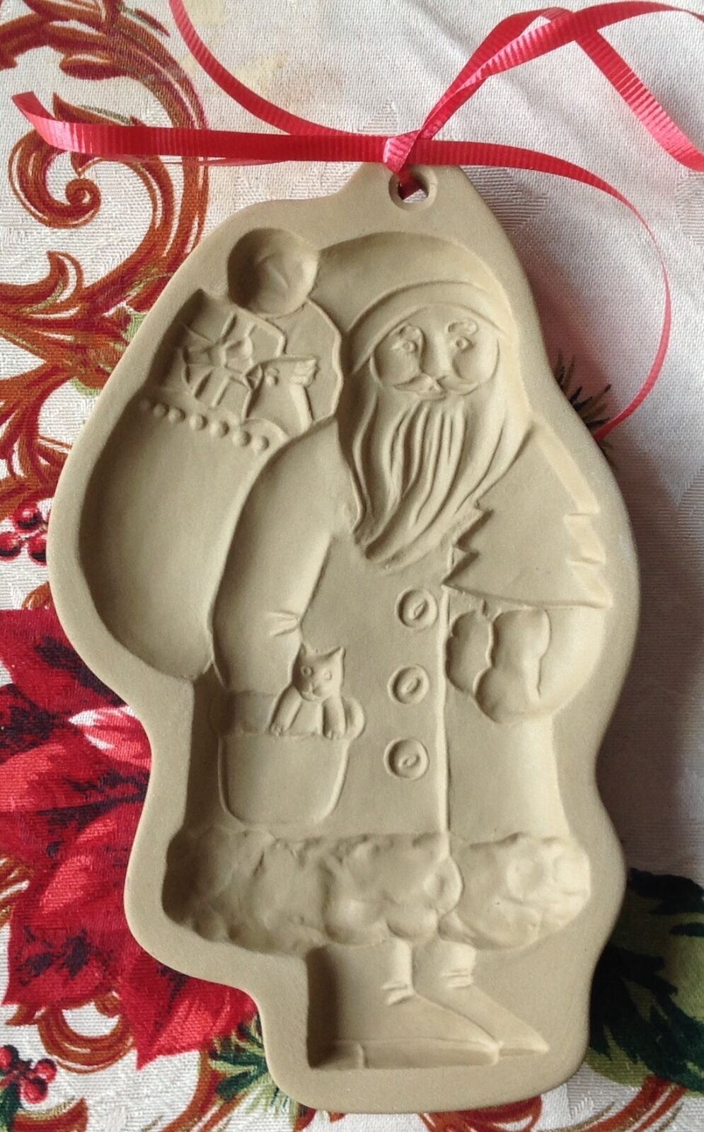 BROWN BAG COOKIE MOLD SANTA & CAT1983 RETIRED STONEWARE POTTERY COOKIE ART USA