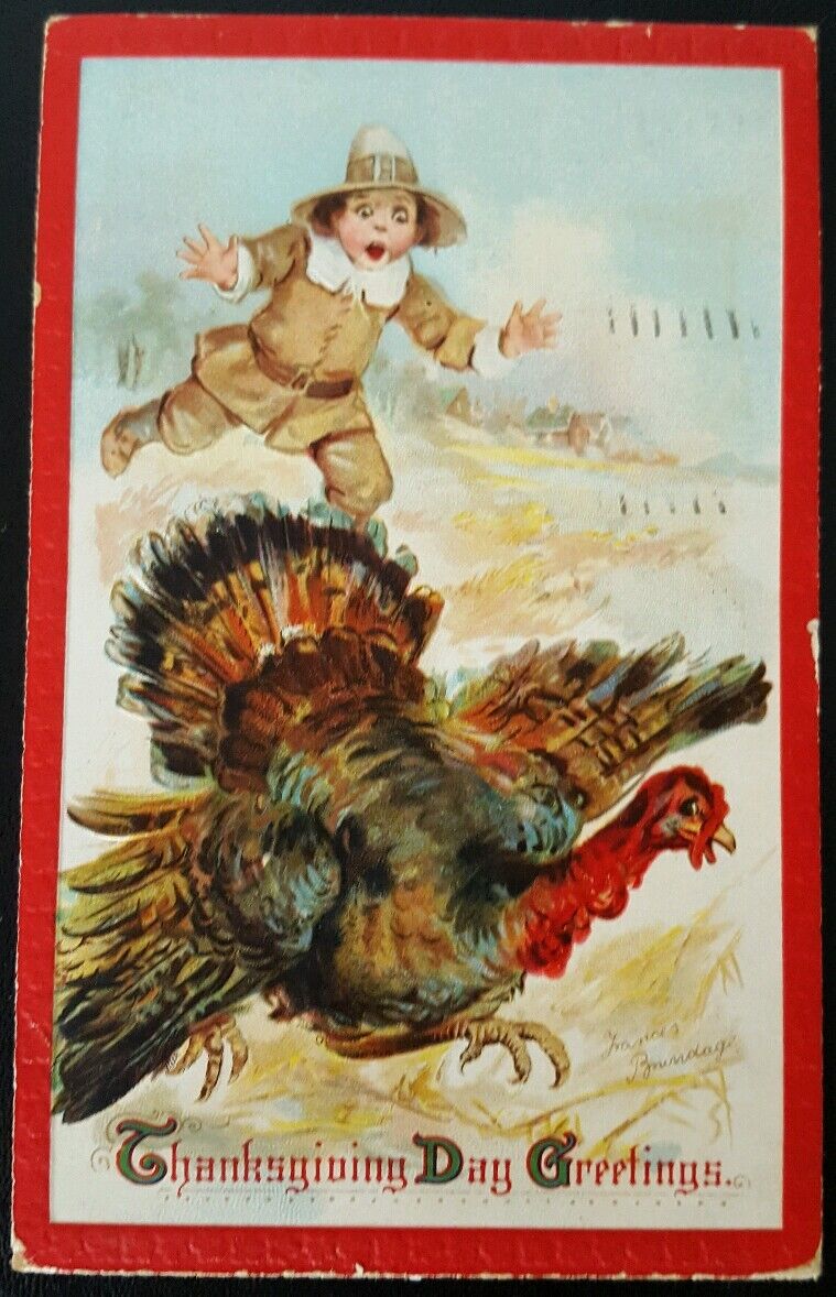 Vintage Brundage Series 130 Thanksgiving Postcard 1915 Child Pilgrim Turkey