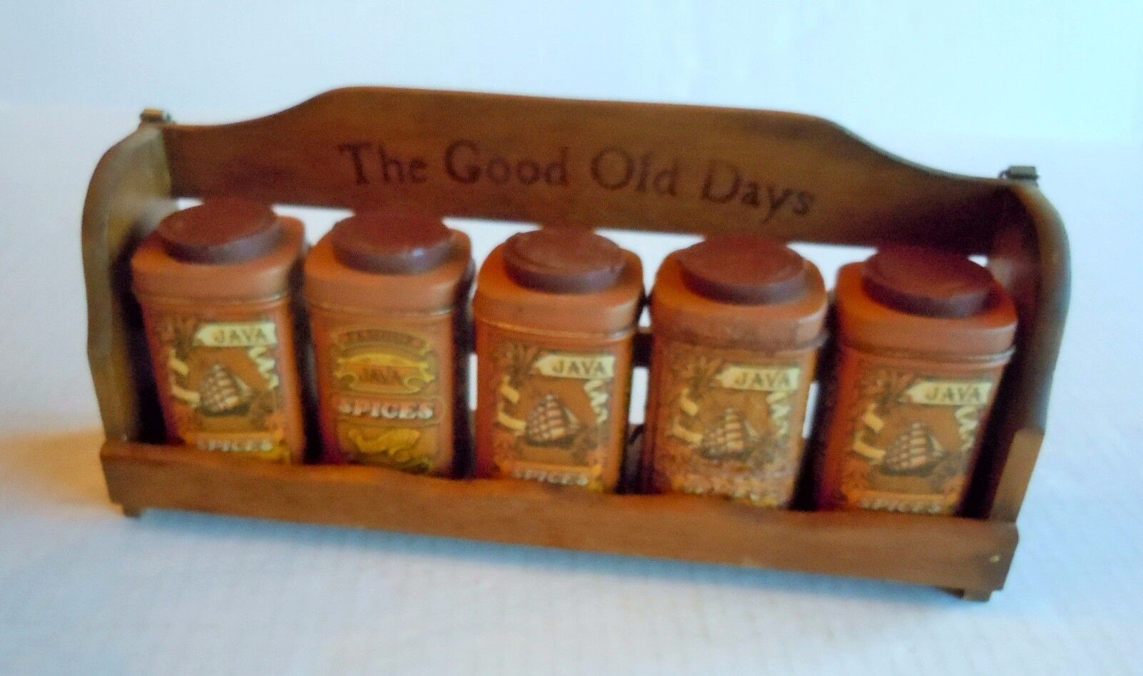Wood Spice Rack Famous JAVA Spices Imported Since 1838 The Good Old Days 5 Tins