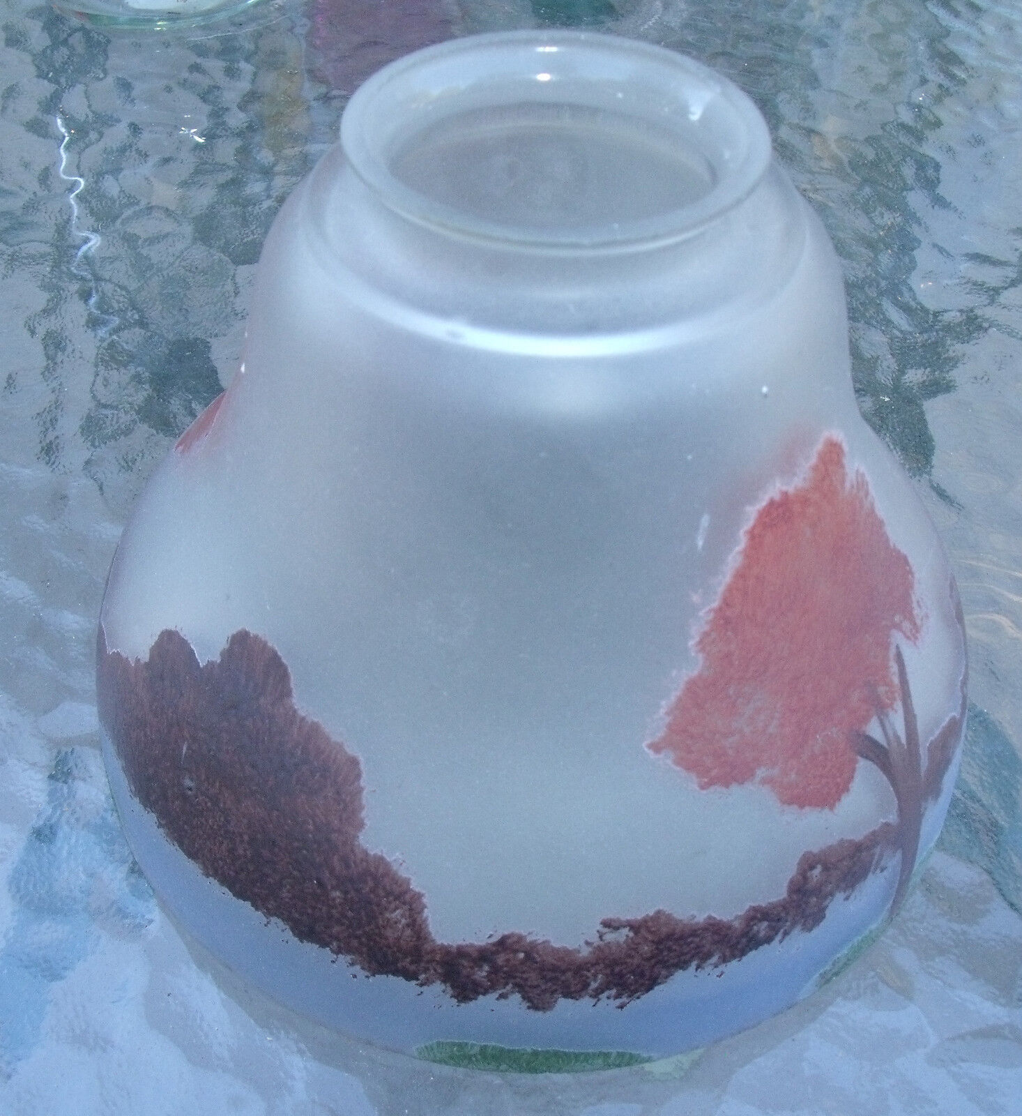 fine antique acid frost enamel painted landscape glass lamp shade