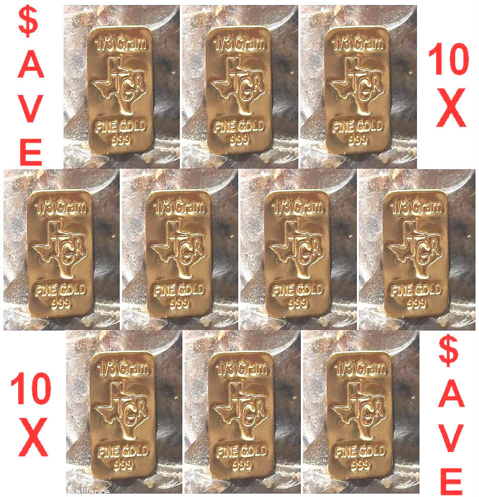 GOLD 24K PURE BULLION 10  BARS of 1/3d GRAM 999 FINE INGOT LOT SAVE SAVE 