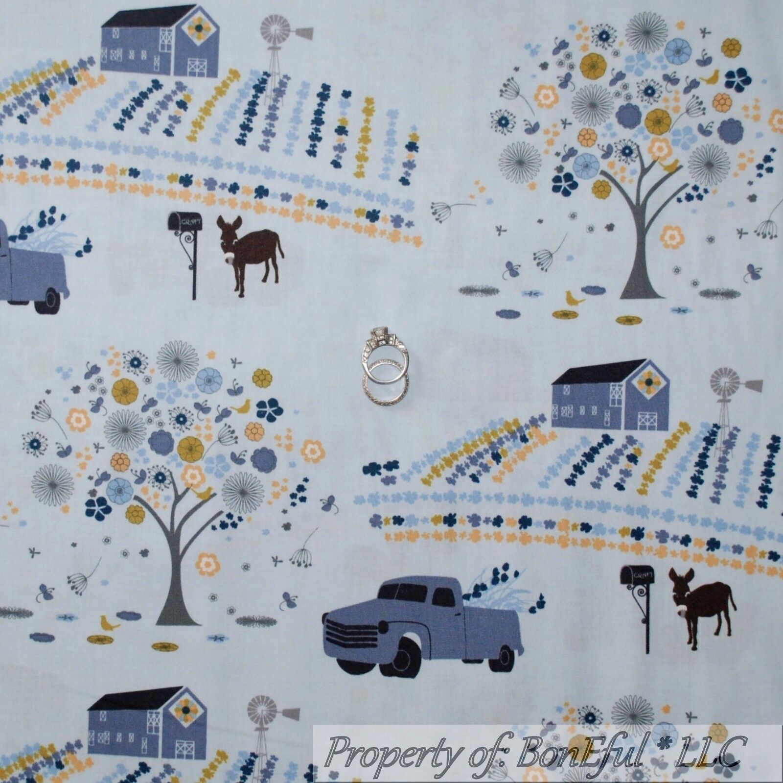 BonEful Fabric FQ Cotton Quilt Blue Farm Barn Flower Tree Donkey Barn Boy Truck