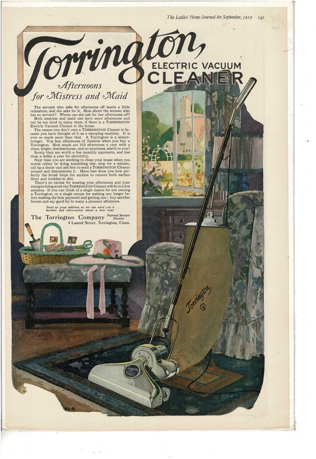 SEP 1919 LADIES\' HOME JOURNAL TORRINGTON ELECTRIC VACUUM CLEANER AD PRINT H432