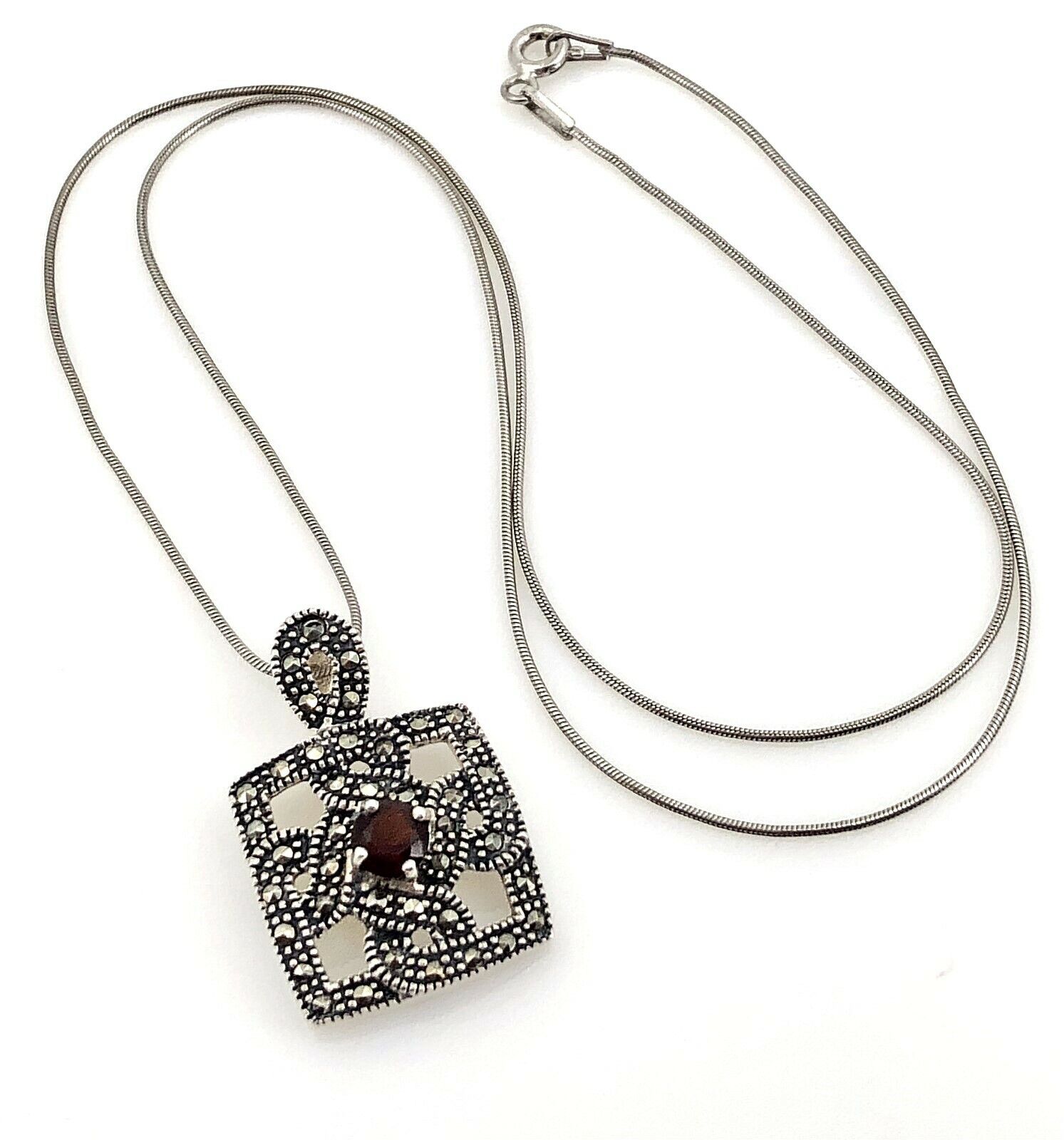 Vintage .925 Sterling Silver, Garnet & Marcasite Ornate Pendant Necklace, 18\