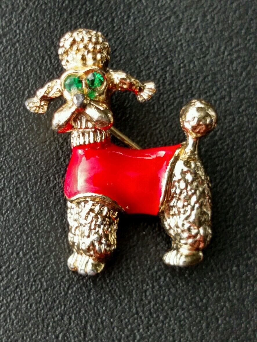 Vintage Poodle with green rhinestone eyes and red sweater brooch Pin Estate Find