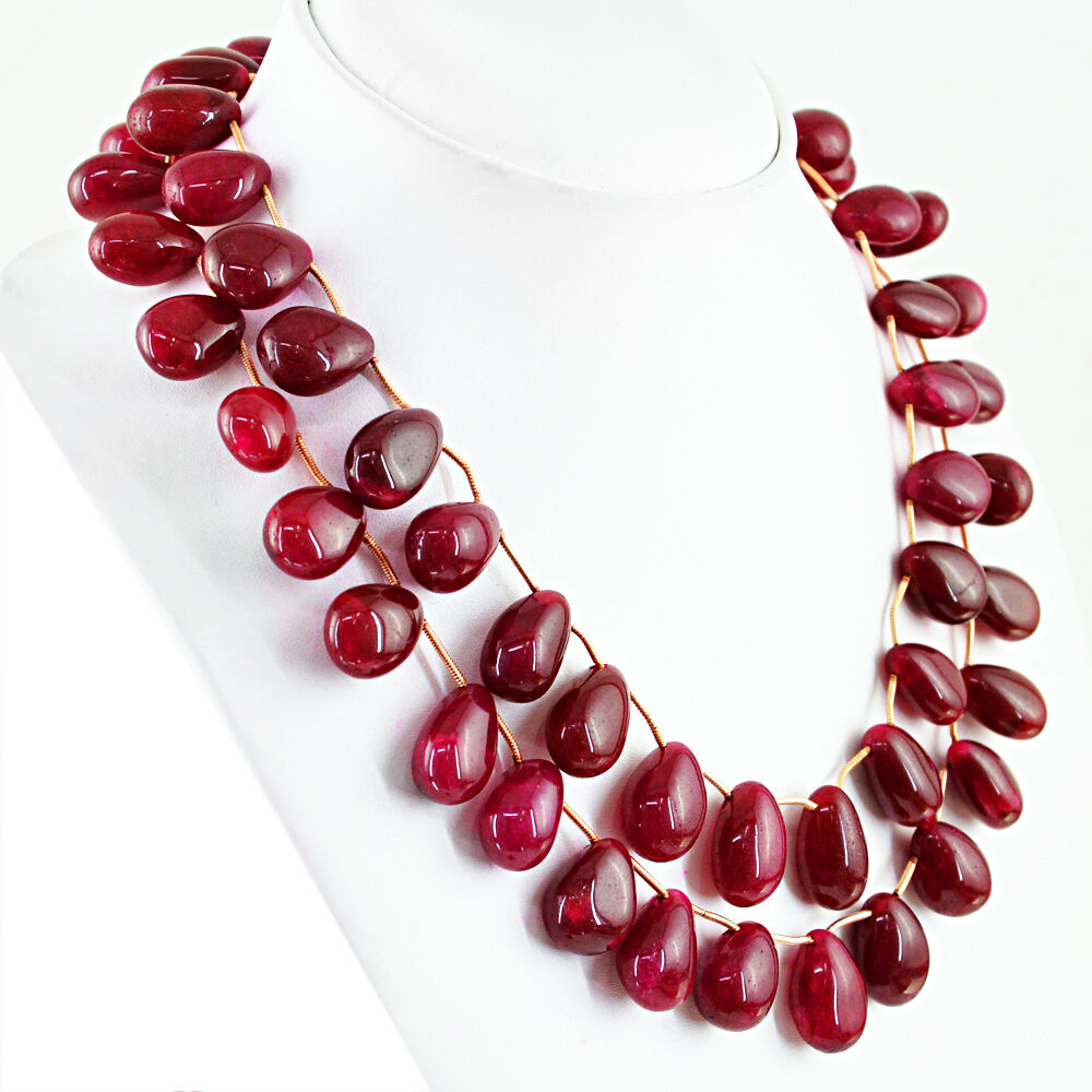 BEAUTIFUL 766.00 CTS EARTH MINED RICH RED RUBY 2 LINE PEAR SHAPE BEADS NECKLACE