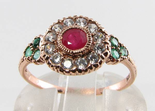 COMBO 9K 9CT ROSE GOLD RUBY DIAMOND & EMERALD ART DECO INS RING FREE SIZE 