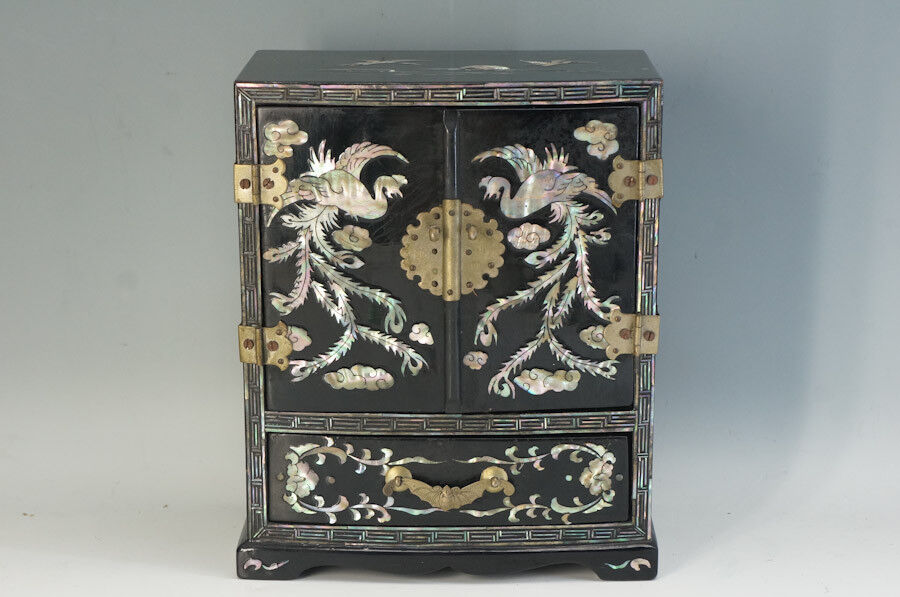 Asian Vintage RADEN Inlay Jewelry Box 24cm Wood URUSHI Seashell  117f20