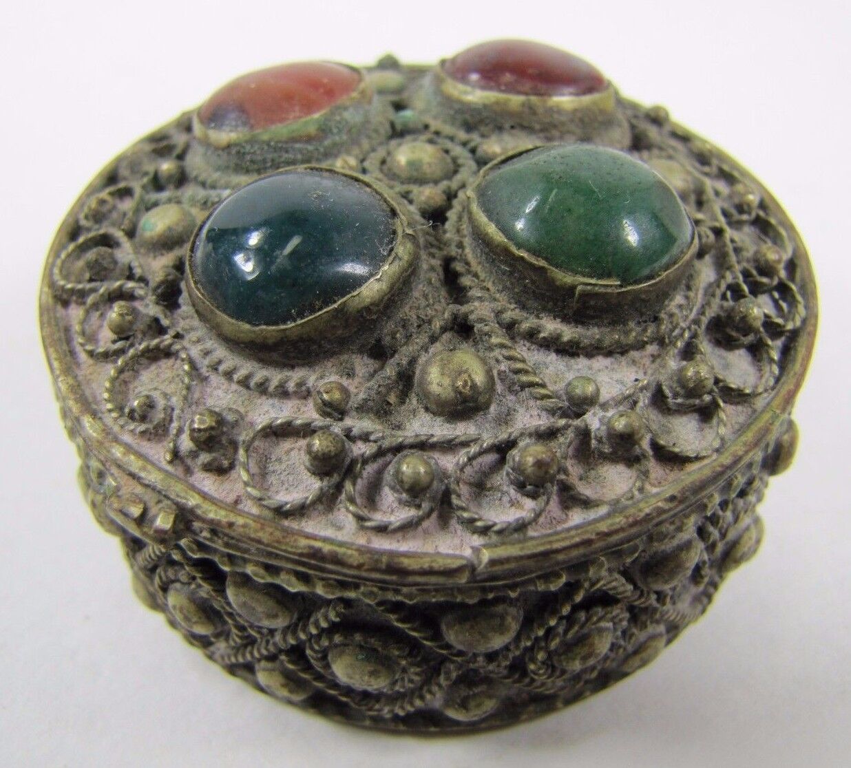 Old Asian Trinket Box hinged top lid cover lovely filigree four semi prec stone 