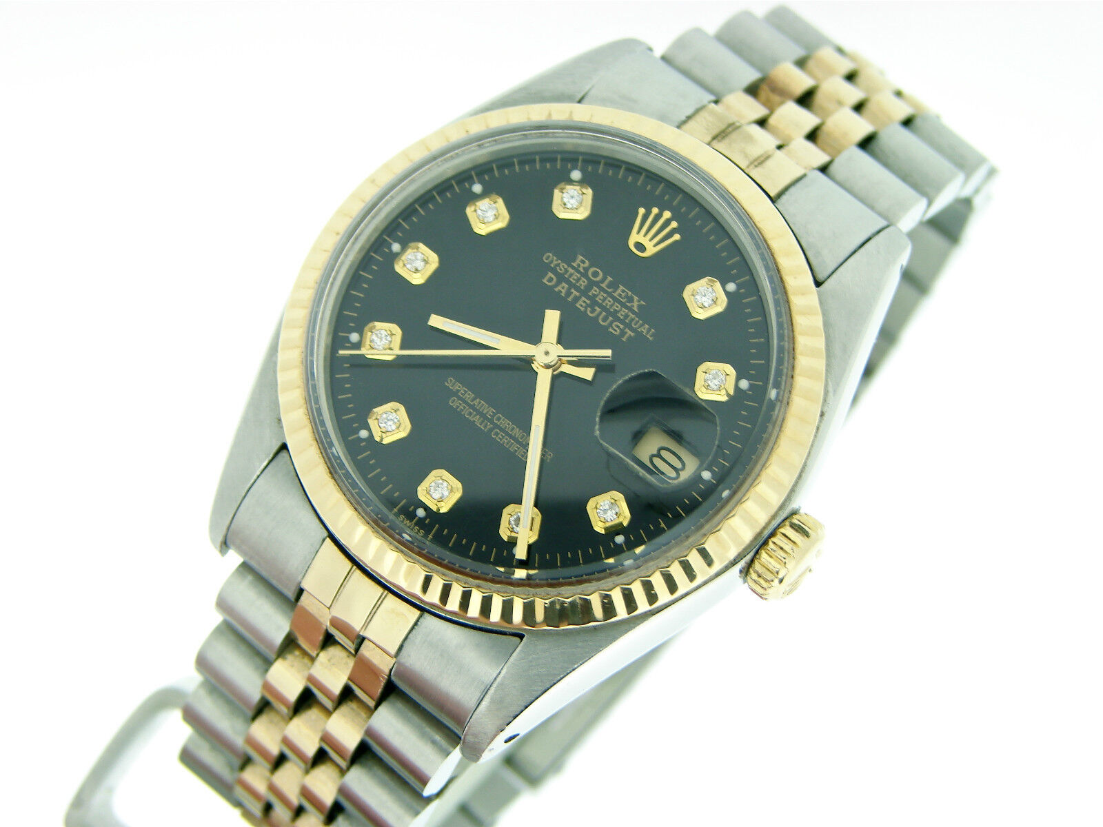 Mens Rolex 2Tone 18k Yellow Gold/Steel Datejust Date Watch w/Black Diamond Dial