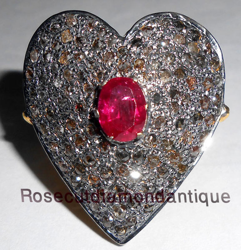 ESTATE VICTORIAN ANTIQUE ROSE CUT DIAMOND 1.10ct SILVER RUBY WEDDING HEART RING