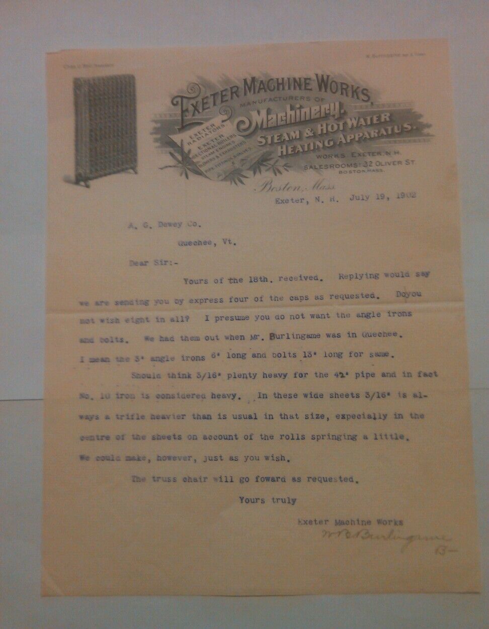 Exeter Machine Works 1902 letter signed William Burlingame -Boston New Hampshire