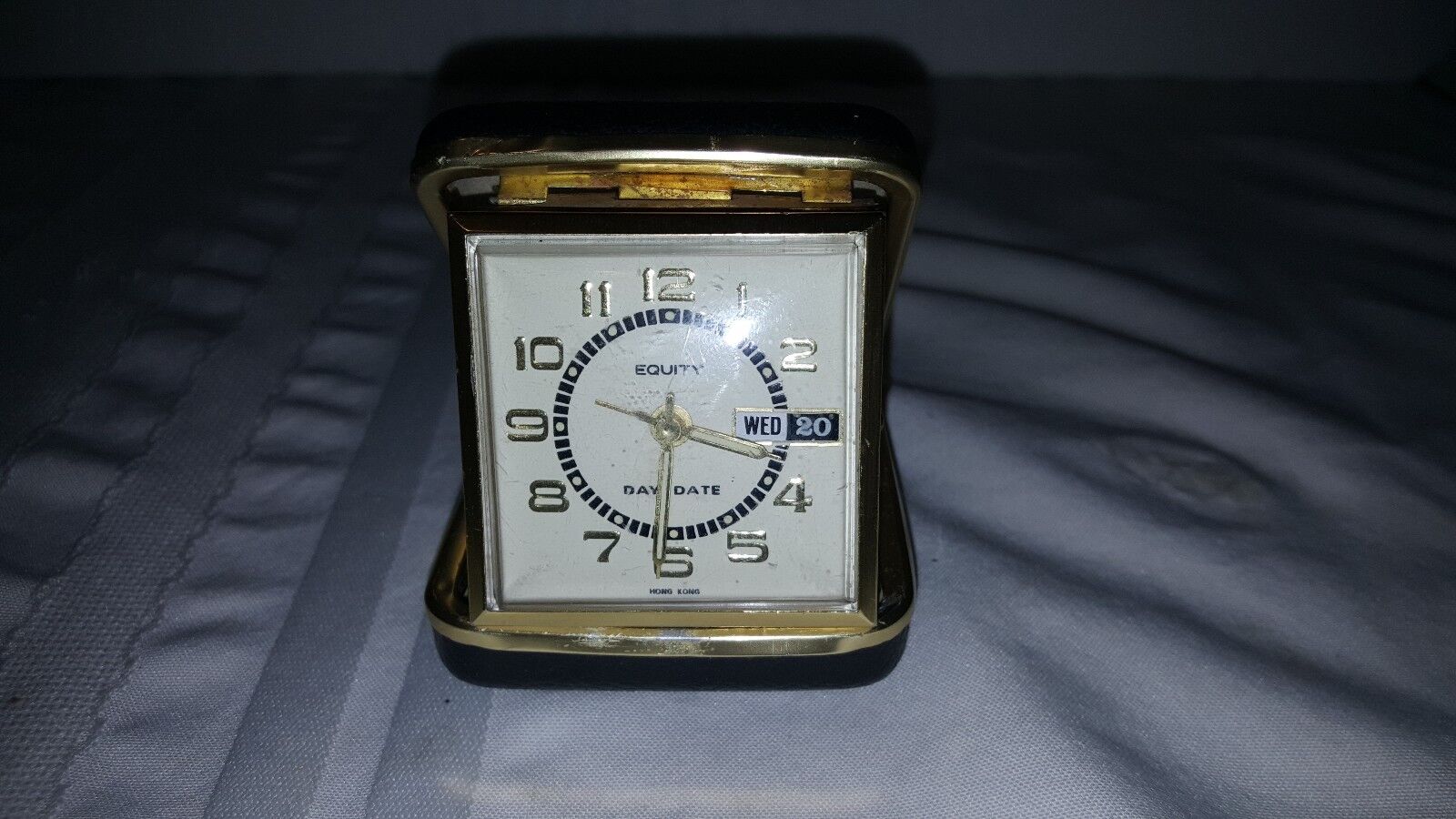 Vintage Equity Travel Alarm Clock Day & Date Wind Up Folding Case