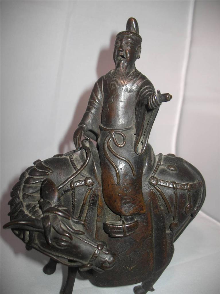 ANTIQUE 18th CHINESE BRONZE INCENSE BURNER SCHOLAR ON A HORSE FIGURE 24 cm HIGH
