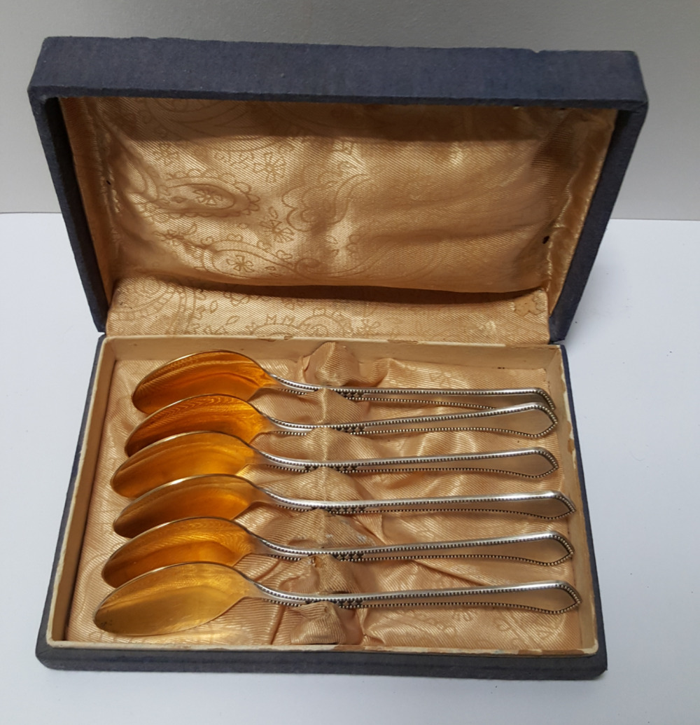 Set 6 Quality Vintage Russian Hallmarked Spoons, Gold-Plated, L 14.3 cm, IOB 