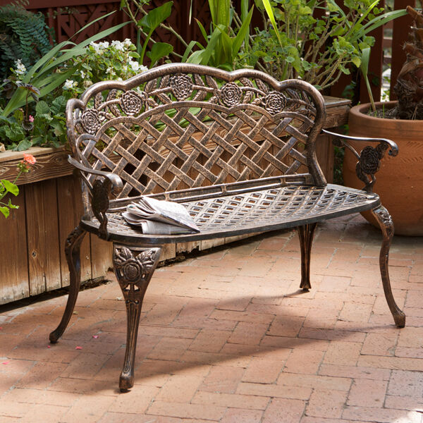 Outdoor Patio Furniture Floral Design Antique Copper Cast Aluminum Garden Bench