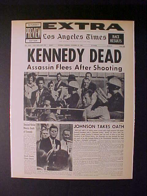VINTAGE NEWSPAPER HEADLINE ~US PRESIDENT JOHN KENNEDY KILLED GUN SHOT JFK DEAD