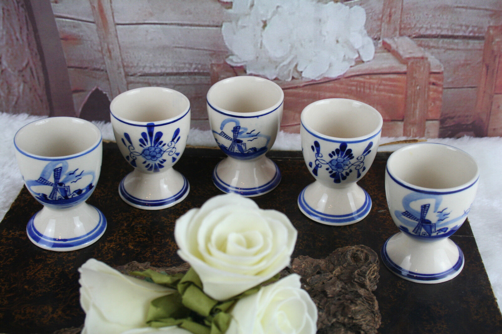 SET of 5 Delft pottery ceramic Egg holders dinner Mill floral marked cute  