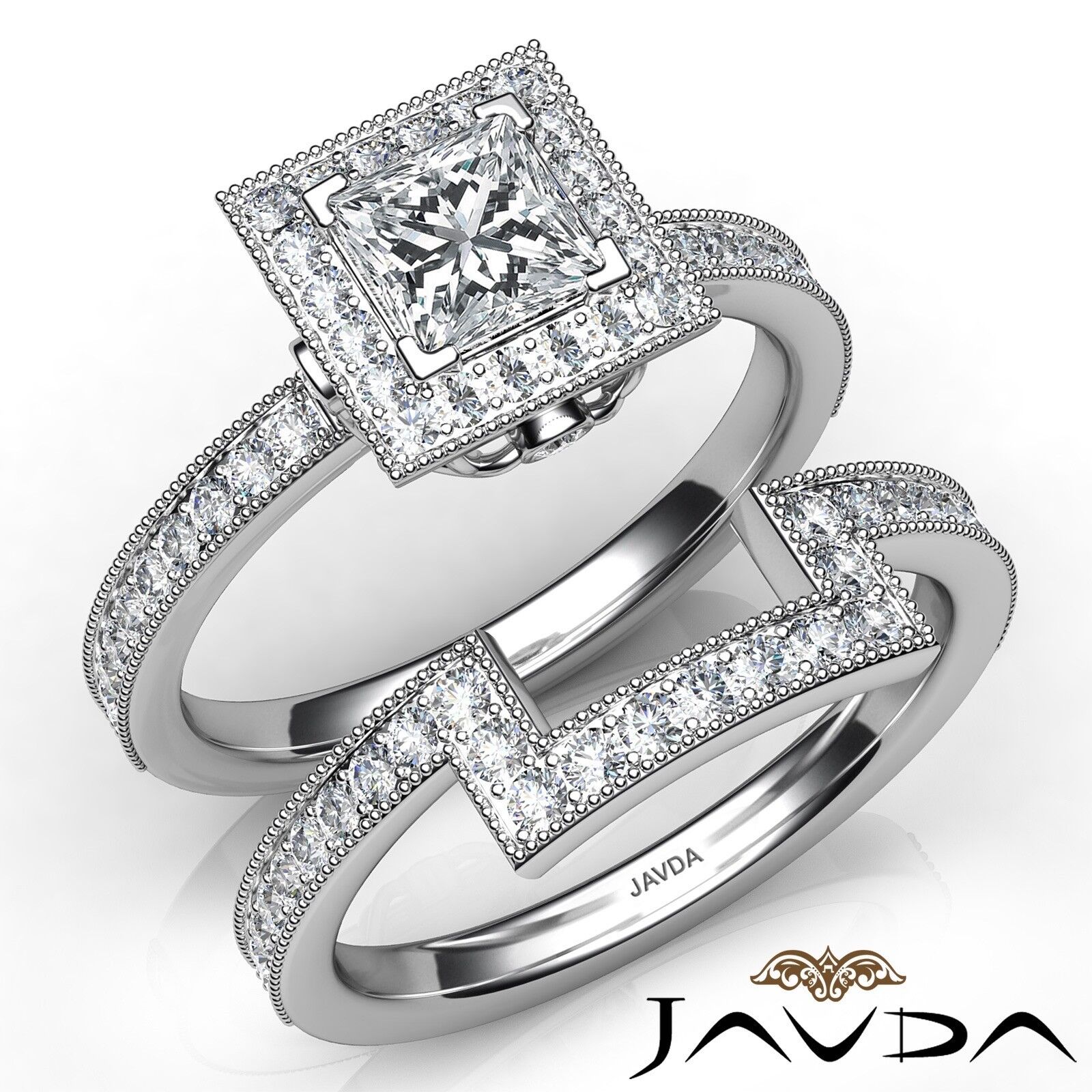 1.8ct Milgrain Edge Bridal Set Princess Diamond Engagement Ring GIA F-VS2 W Gold