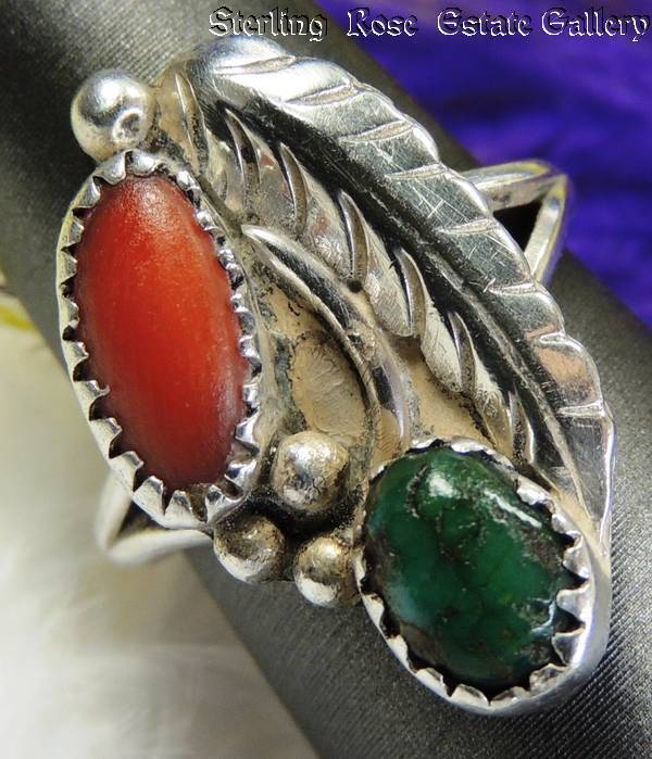 VINTAGE Green TURQUOISE and CORAL Hand Crafted Sterling Silver 0.925 ring size 6