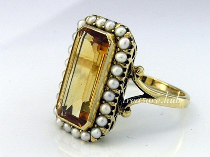 s 999 Genuine 9ct Yellow Gold Natural Citrine Pearl Cluster Cocktail Ring size N