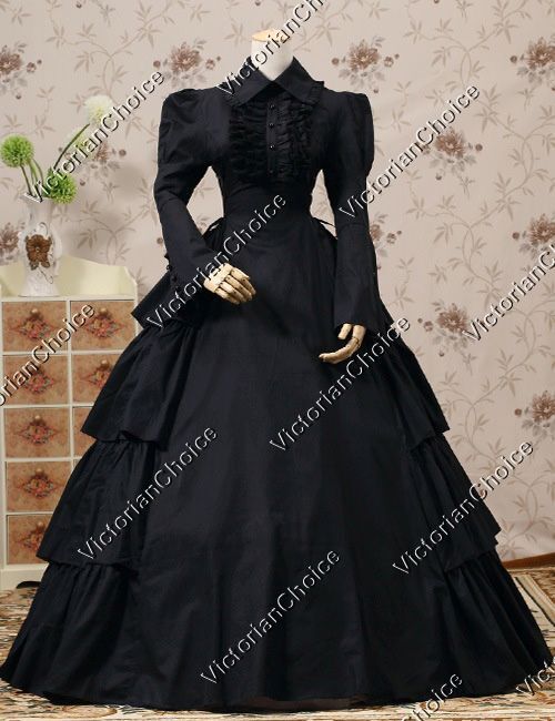 Victorian Civil War Gothic Black Dress Ruffles Steampunk Punk Clothing 007 M